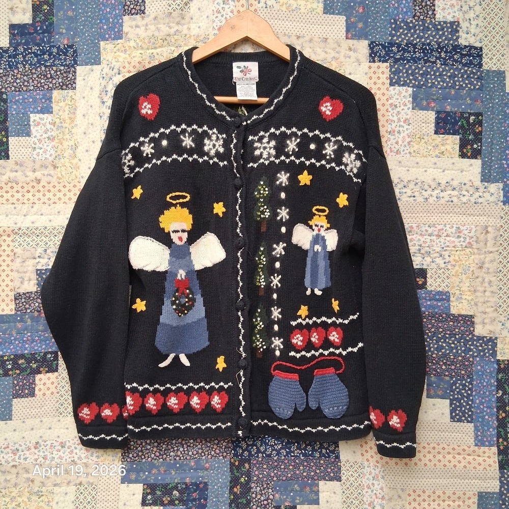 Vintage Nutcracker Grandmacore Angel Christmas Cardigan Sweater Medium Dark Navy